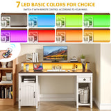 DWVO Farmhouse Office Desk with Drawer & Power Outlets, Wood Computer Desk w/LED Strip & Monitor Stand for Bedchamber Study, Home Office Table with Storage Cabinet for Working Writing Gaming (White) DWVO