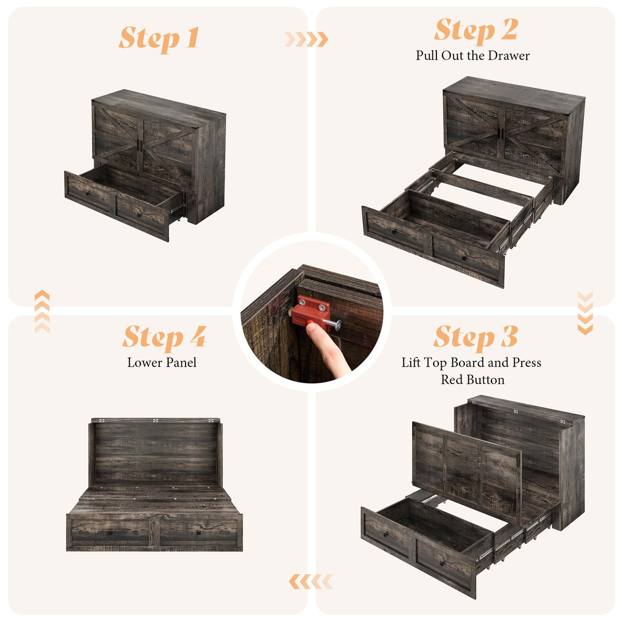 AMERLIFE Queen Murphy Bed Cabinet with Charging Station and Storage, Farmhouse Foldable Platform Bed for Guest Room, Office, Small Spaces, Black Oak AMERLIFE