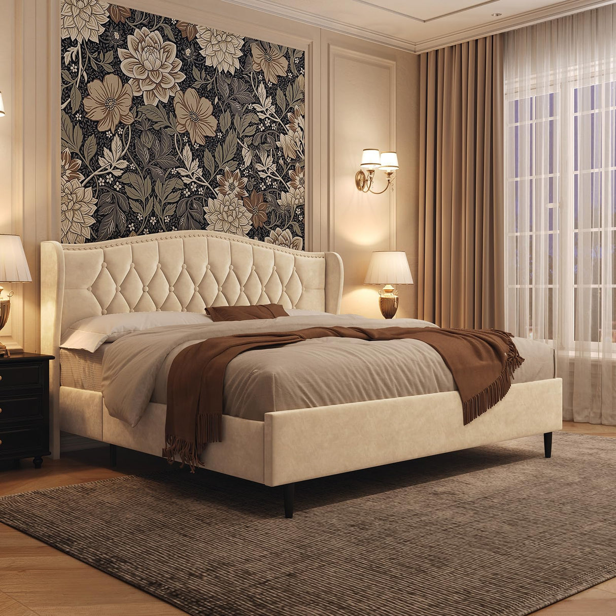 Belffin Queen Bed Frame with Headboard, Luxury Upholstered Velvet Platform Bed with Wingback, Button Tufted & Nailhead Trim, Anti-Slide Tall Footboard, No Box Spring Needed, Noise-Free, Beige Belffin