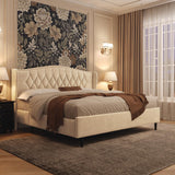 Belffin Queen Bed Frame with Headboard, Luxury Upholstered Velvet Platform Bed with Wingback, Button Tufted & Nailhead Trim, Anti-Slide Tall Footboard, No Box Spring Needed, Noise-Free, Beige Belffin