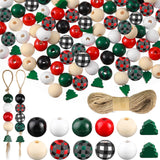Junkin Christmas Wooden Bead Kit: 201 Pcs - 0.63 Inch Buffalo Plaid & 0.47 Inch Christmas Tree Shaped Beads with 6.6 Feet Natural Cord for DIY Garlands & Jewelry Junkin