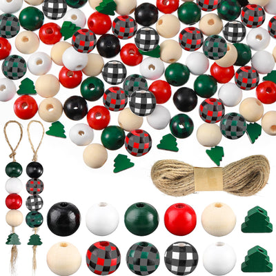 Junkin Christmas Wooden Bead Kit: 201 Pcs - 0.63 Inch Buffalo Plaid & 0.47 Inch Christmas Tree Shaped Beads with 6.6 Feet Natural Cord for DIY Garlands & Jewelry