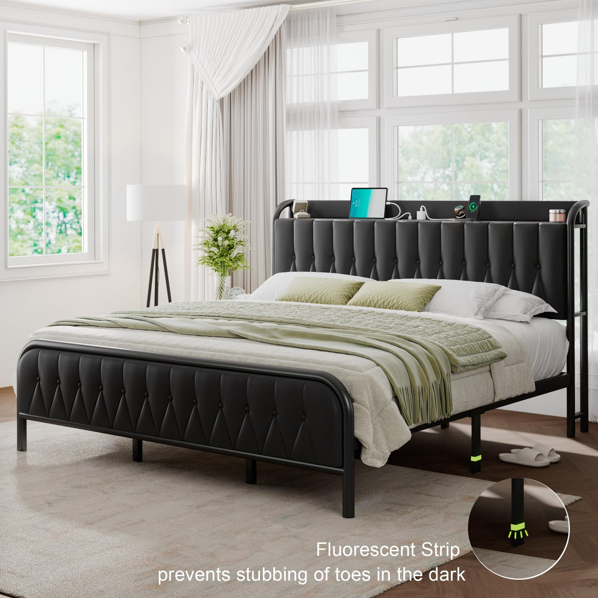 Leather King Size Bed Frame with Fast Charging Station,Metal Platform King Beds with Upholstered Headboard & Footboard,12" Underbed Storage Space, Easy Assembly,Noise-Free,Black Feonase