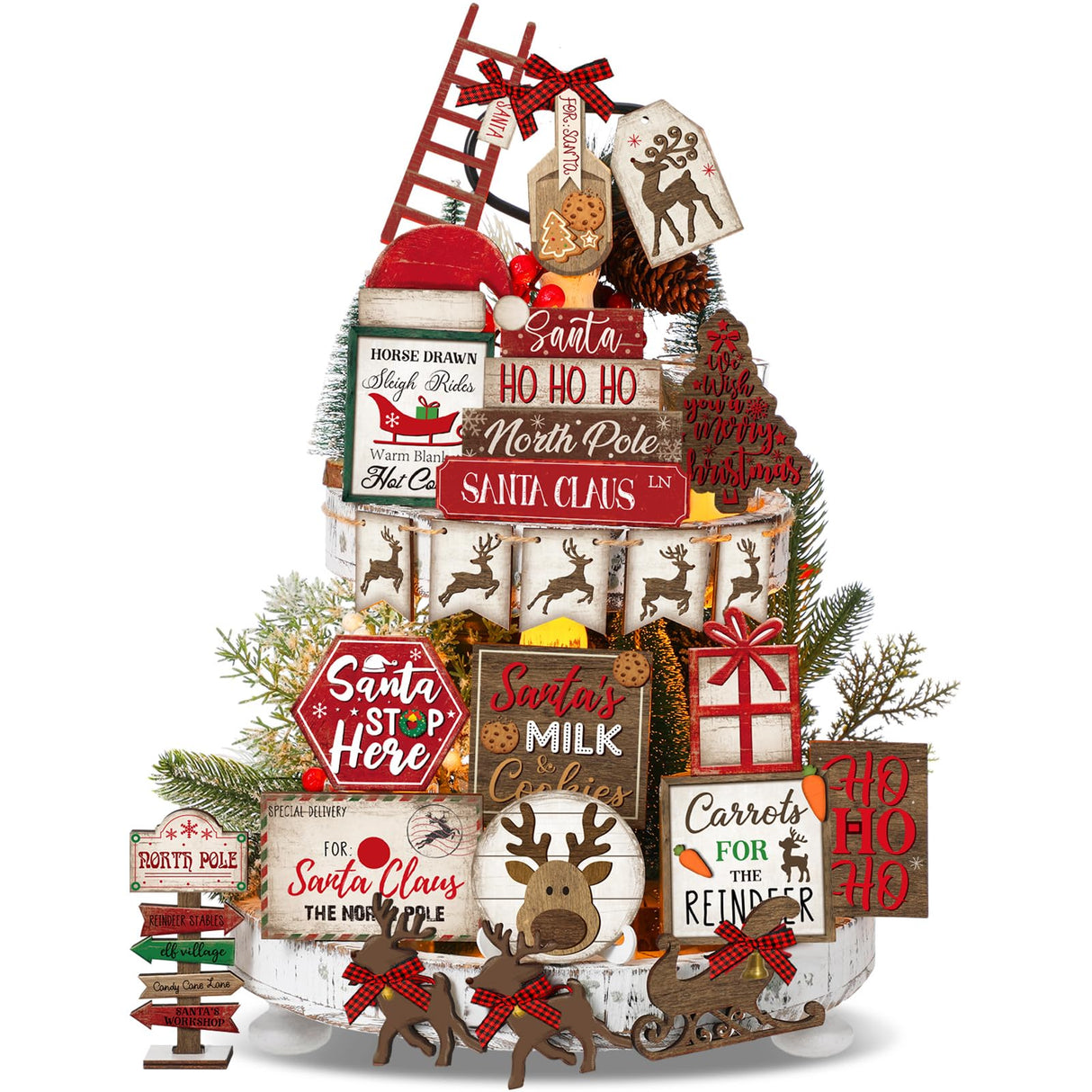 CroBlissful 23 Pcs Christmas Tiered Tray Decor Snowman Farmhouse Decor Christmas Sign Winter Table Centerpieces Winter Wood Blocks Signs for Home Shelf, Without Tray(Red,Elk) CroBlissful