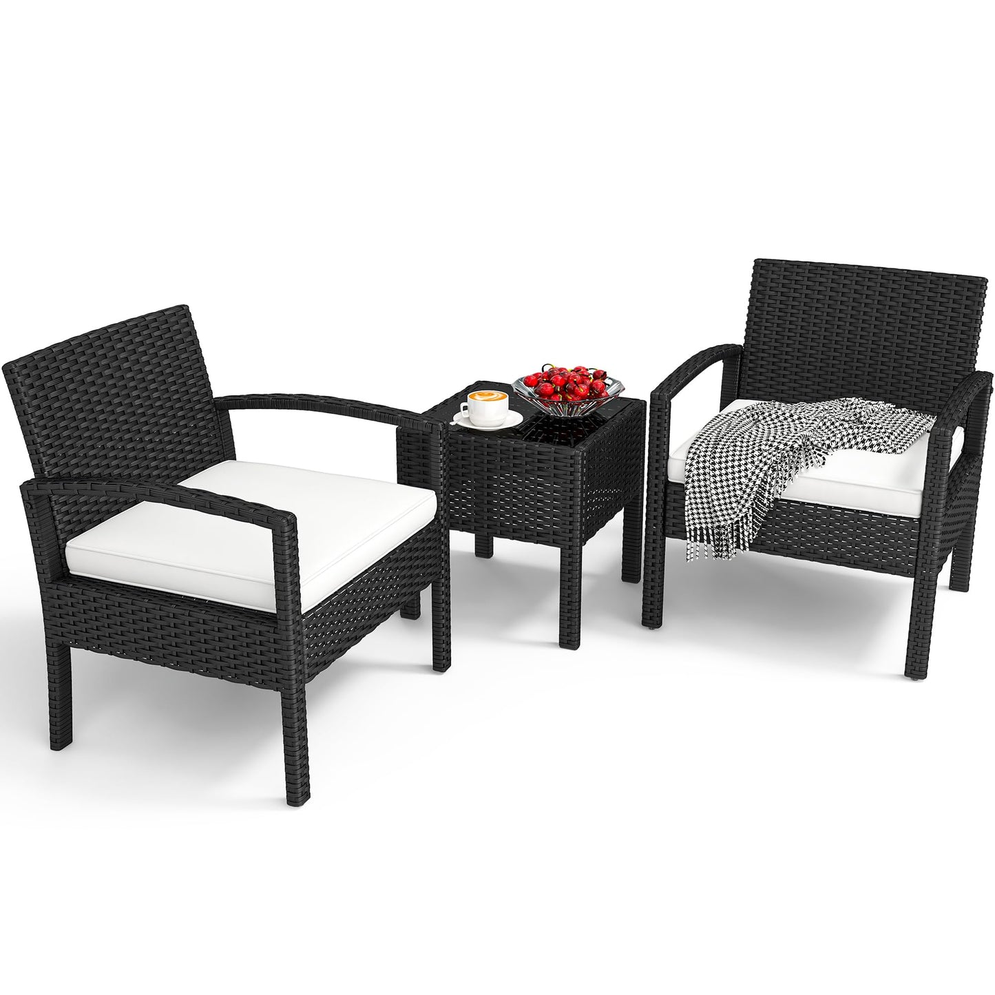 YITAHOME 3-Piece Outdoor Patio Furniture Wicker Bistro Set, All-Weather Rattan Conversation Chairs with Glass Side Table & Soft Cushions for Backyard, Balcony and Deck, Black+Beige - WoodArtSupply