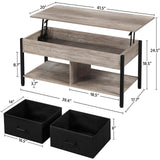 Yaheetech Lift-top Coffee Table with 2 Fabric Baskets & Hidden Storage Compartment, Raisable Top Coffee Table Industrial Center Table with Shelf for Living Room, Gray Yaheetech