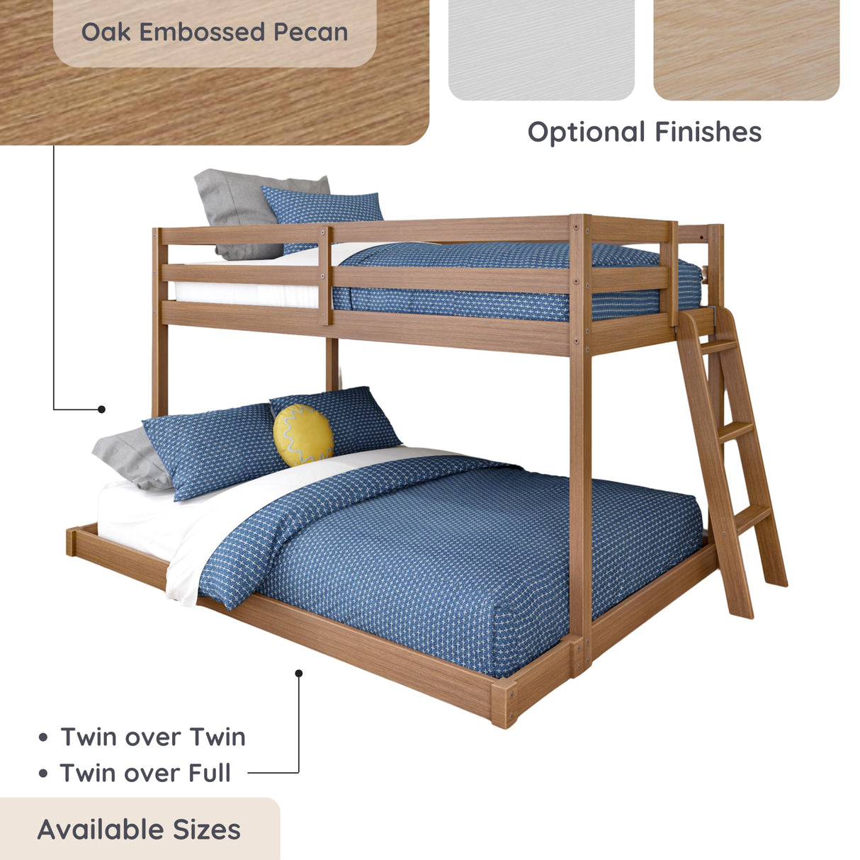 Grain & Grove Bear Twin Over Full Bunk Bed, Low Bunk Bed Frame for Kids, Bunk with Ladder, Guardrail, and Slats, No Box Spring Required, Oak Embossed Pecan Grain & Grove