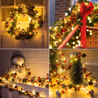 Christmas Pine Lighted Garland Decor, 9.8 Ft 60 LEDs Red Berry Pine Cone Battery Operated Christmas Garland Lights with 8 Modes, Remote Control for Mantle Fireplace Stairs Xmas Tree Indoor Decor