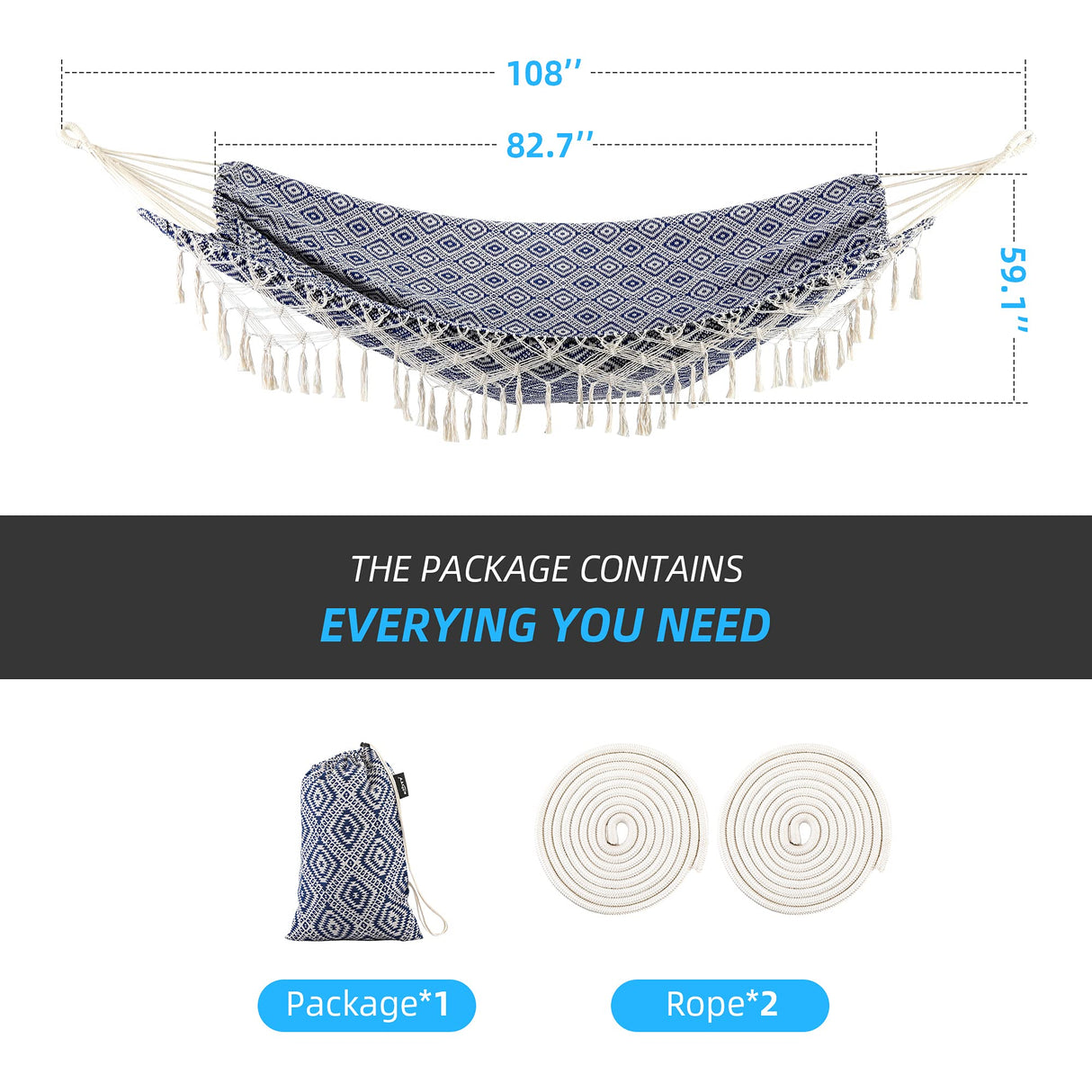 Backyard Hammock with Tassels,Garden Hammocks with Portable Carry,Bag Deluxe Macrame Fringe for Patio,Garden,Backyard,Beach,Outdoor and Indoor Porch Fabric, Up to 450Lbs (Blue-Diamond) ROOITY