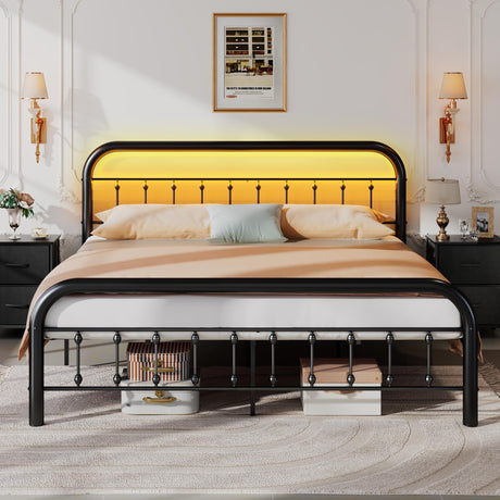 WLIVE Bed Frame King Size, King Size Bed Frame and Headboard, King Bed Frames with LED Lights and Charging Station,No Box Spring Required,Easy Assembly,Black WLIVE