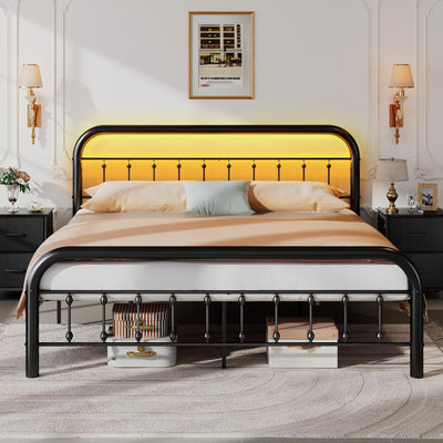 WLIVE Bed Frame King Size, King Size Bed Frame and Headboard, King Bed Frames with LED Lights and Charging Station,No Box Spring Required,Easy Assembly,Black