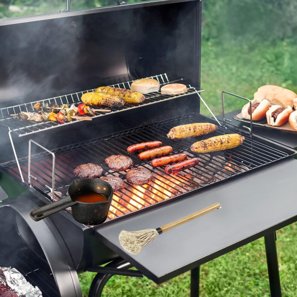 BBQ Mop Brush and Cast Iron Basting Pot - Grilling Tool Set with Basting Brush an Meat Shredder Claws for Meat Smoker, Grill and Stove(8pcs) ZQDFLME