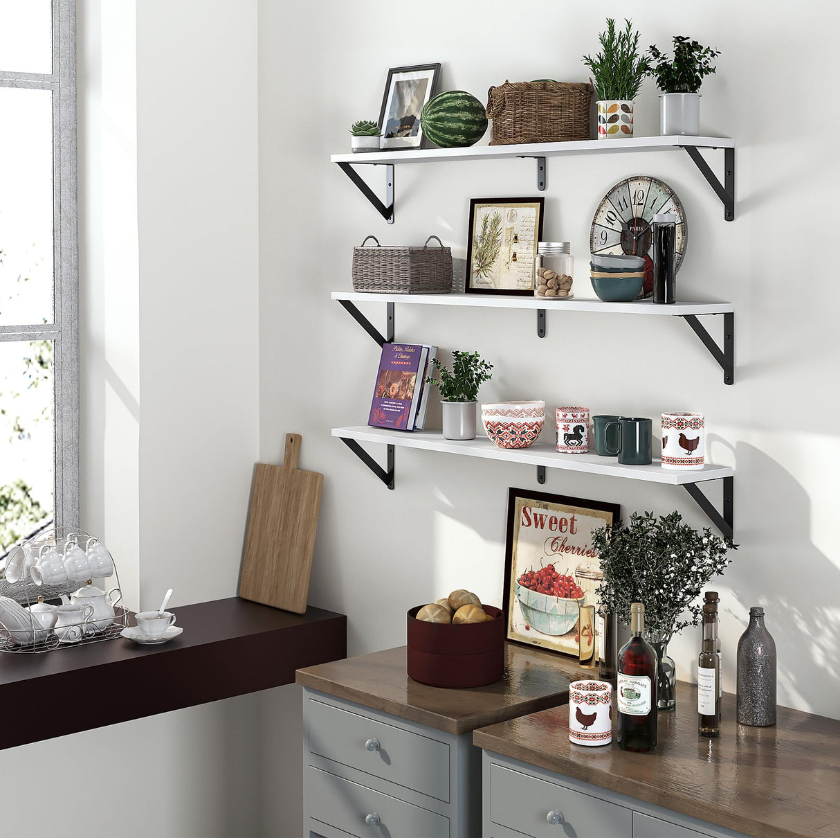 Heimlove Floating Shelves for Wall, 36 Inch Long Wood Floating Bookshelf Set of 3, Wall Mounted Hanging Shelf for Bathroom Bedroom Kitchen, White Heimlove