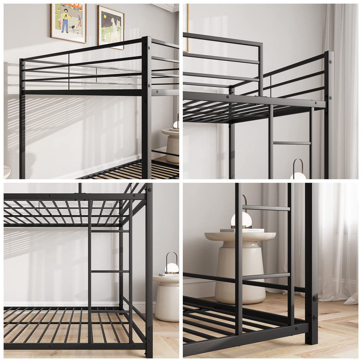 Full Over Full Bunk Beds, Metal Heavy Duty Full Size Bunk Beds for Kids, Full Size Bed Frmae for Boys and Girls,Loft Bed with Ladder and Guardrail for Small Spaces (Black) FOUBAM