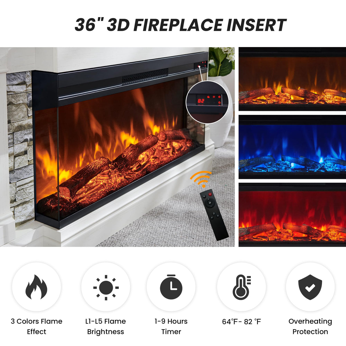 OKD 52" Electric Fireplace with Mantel, Freestanding Fireplace Heater TV Stand with 36" 3-Side Glass Insert for TVs Up to 65" with Storage Cabinet for Living Room, Antique White OKD