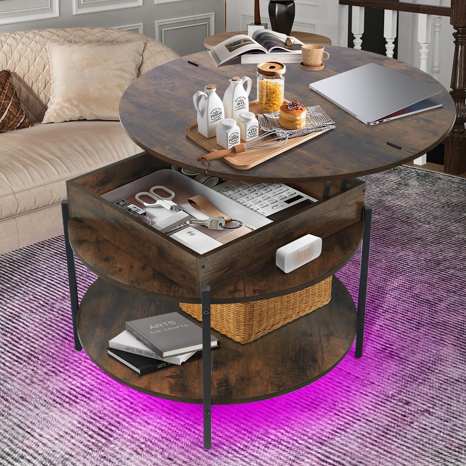 Mmucco 35.43" Round Lift Top Coffee Table with 2-Tier Storage, Circle Storage Coffee Tables with LED Light for Living Room,Round Storage Coffee Table for Home Office - WoodArtSupply