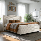 viplov King Size Platform Bed Frame with 51-inch Tall Camelback Headboard & Wingback, Deep Button Tufted Footboard with Nailhead Trim, No Box Spring Needed, Cream viplov