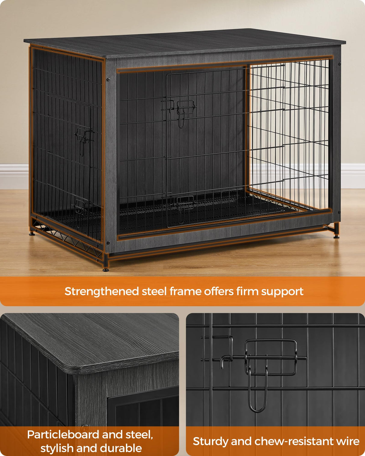 Feandrea Dog Crate Furniture, 44.1" Side End Table, Modern Kennel for Dogs Indoor up to 80 lb, Heavy-Duty Dog Cage with Multi-Purpose Removable Tray, Double-Door Dog House, Ink Black UPFC004B01 Feandrea