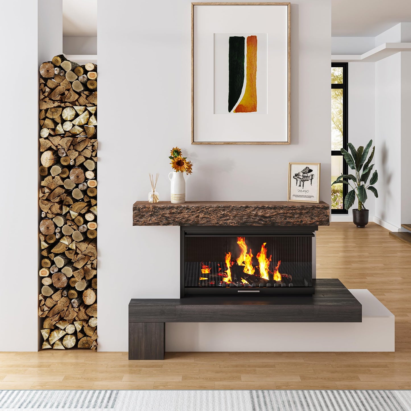 FLYJOE Faux Wood Fireplace Mantel Shelf 52” Long Floating Shelf Wall-Mounted Mantel Fire-Proof Raw Edge Rustic Wood Wall Storage Decor, Brown 52”Wx9”Dx5.5”H