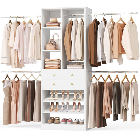 Besiost Closet System, 4.2–8.8 FT Closet Organizer with 2 Wooden Drawers and Shelves, Walk-in Closet System with 5 Hang Rods, Built-in Reach in Closet Tower, Can Fit 60 to 96 inch, White Besiost