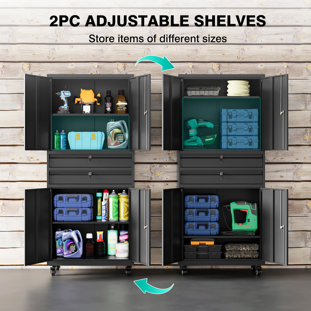 Metal Storage Cabinet with Wheels and Drawers,Rolling Garage Storage Cabinet with Locking Doors and Adjustable Shelves,73" Mobile Tall Large Metal Tool Cabinets with Locks for Home,Office,Garage SISESOL