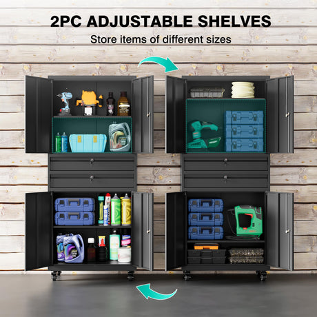 Metal Storage Cabinet with Wheels and Drawers,Rolling Garage Storage Cabinet with Locking Doors and Adjustable Shelves,73" Mobile Tall Large Metal Tool Cabinets with Locks for Home,Office,Garage SISESOL