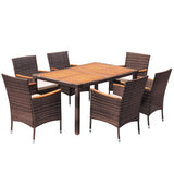 Devoko Dining 7 PCS Furniture, Patio Conversation Set with Acacia Wood Table Top, Outdoor, Beige Cushion and Brown Rattan Devoko