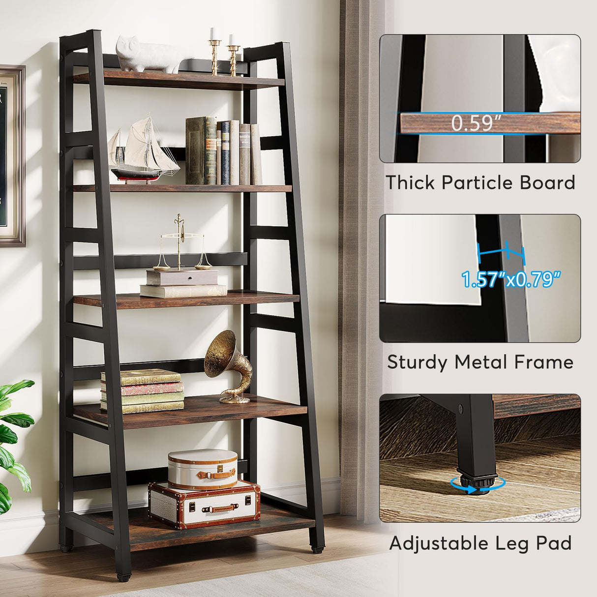 Tribesigns 5-Tier Bookshelf Industrial Bookcase, 5 Shelf Ladder Shelf Book Storage Shelf Organizer for Living Room, Home Office Tribesigns