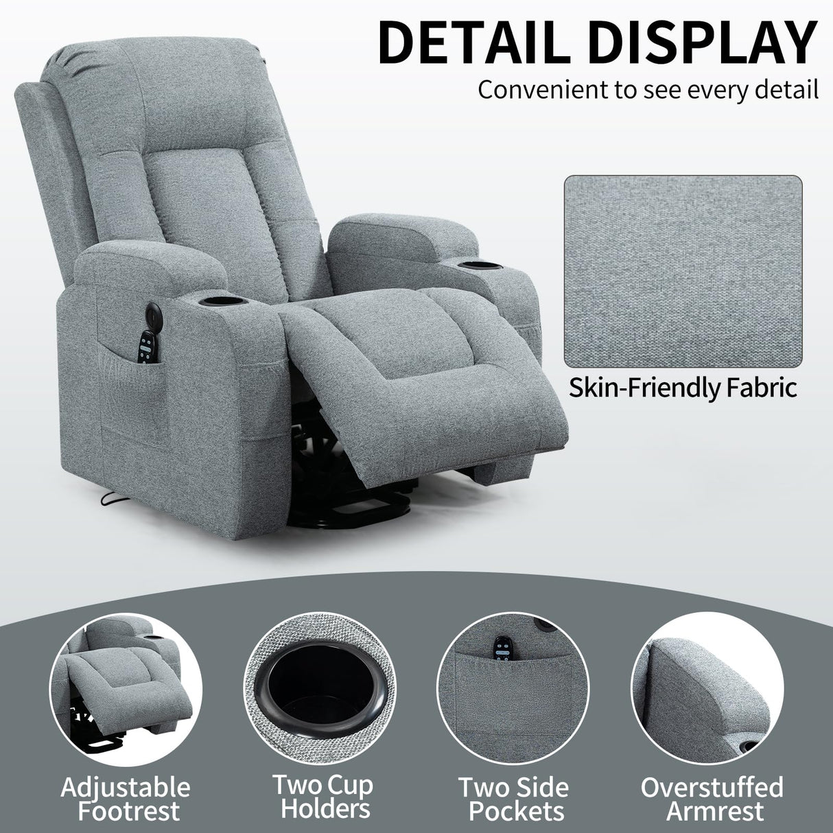 PELUMY Manual Lift Recliner Chair for Elderly with Massage & Heat, Oversized Heavy Duty 350 lbs Recliner with Cup Holders & USB Ports, Infinite Positioning Lift Chair for Adults (Linen Fabric, Grey) PELUMY