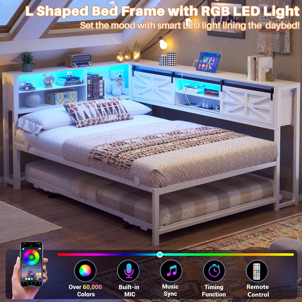 Homieasy Corner Bed Frame with Trundle, Reversible Metal Twin Daybed with LED & Charging Station, Farmhouse Platform Bed Frame with Bookcase Storage for Bedroom Guest/Living Room, White Homieasy