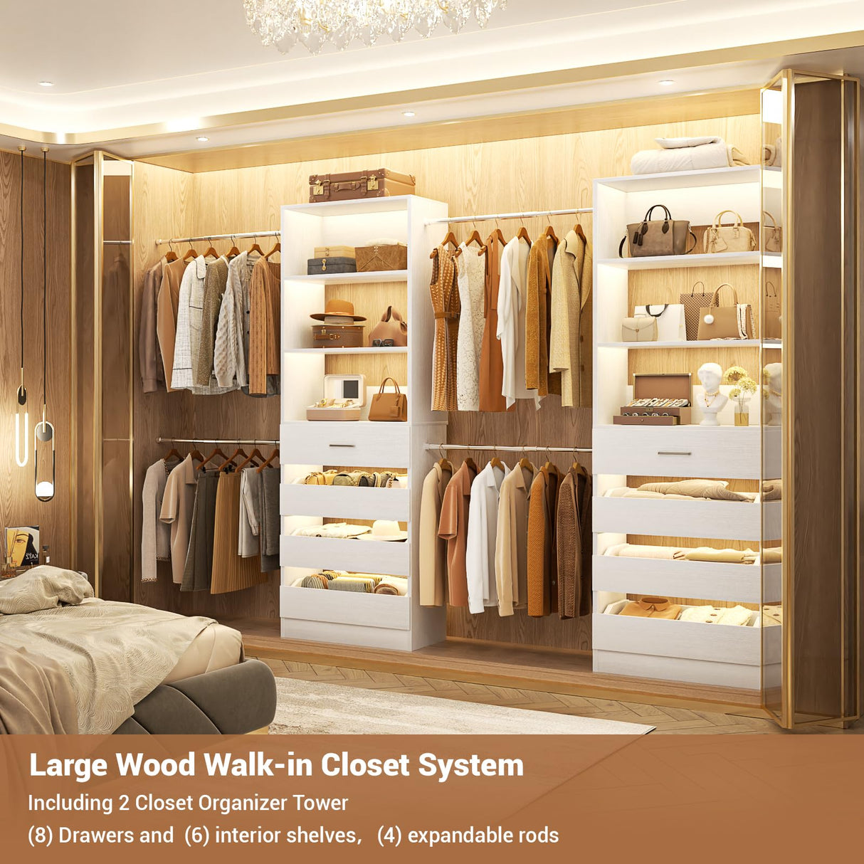 Aheaplus Closet System, 6-15Ft Closet Organizer with 8 Wooden Drawers, Wood Closet Organizer System with Tower, Walk-in Closet Organizer Wardrobe Clothes Rack with 4 Hanging Rods, Garment Rack, White Aheaplus