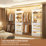 Aheaplus Closet System, 6-15Ft Closet Organizer with 8 Wooden Drawers, Wood Closet Organizer System with Tower, Walk-in Closet Organizer Wardrobe Clothes Rack with 4 Hanging Rods, Garment Rack, White Aheaplus