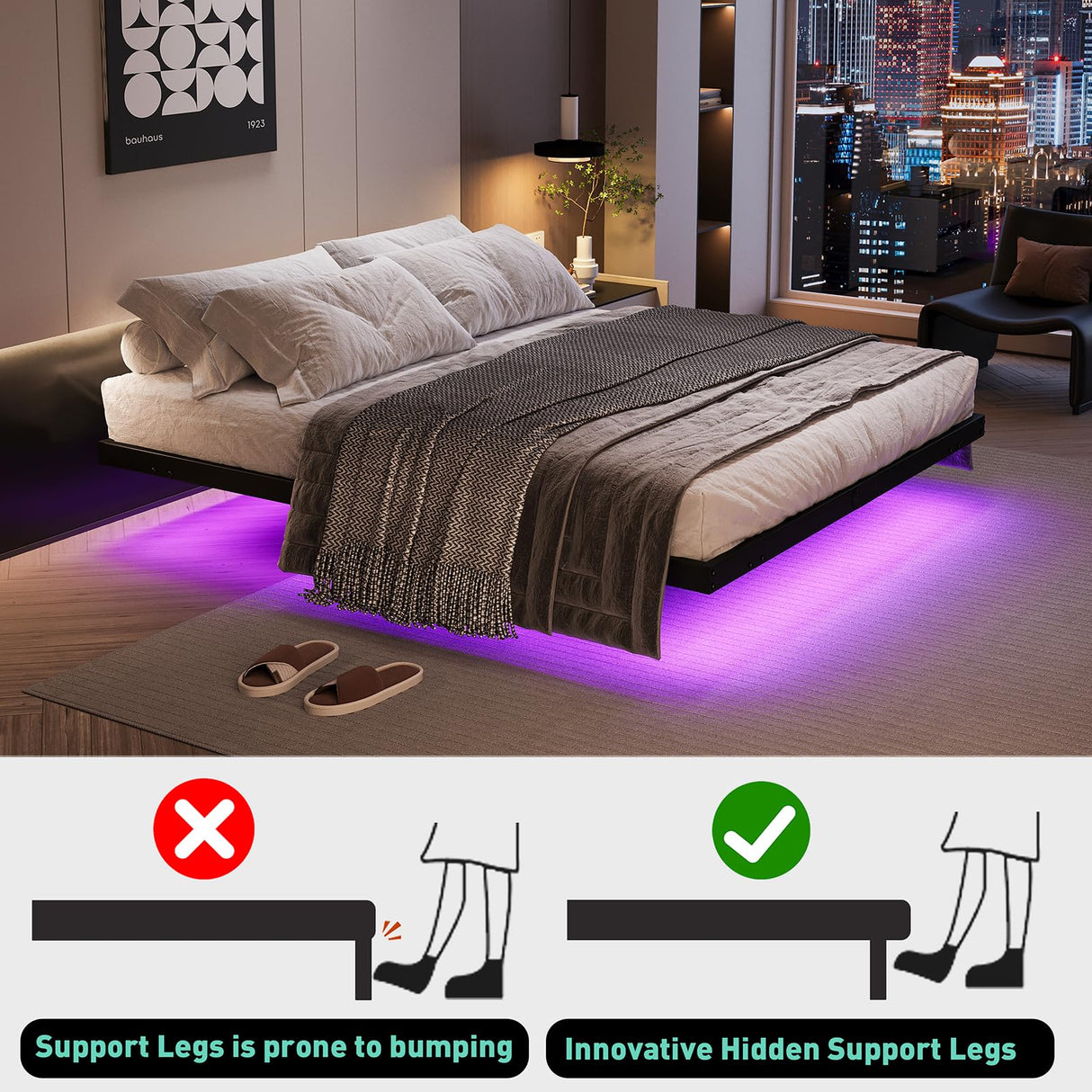 AGXI Floating Bed Frame Full Size with LED Lights and Charging Station, 14 Inch Floating Bed Frame - Modern Full Size Bedframe Easy Assembly No Box Spring Needed AGXI