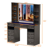 Wildhome Vanity Desk with Mirror and Lights, Glass Top Dressing Table with 9 Drawers, Makeup Vanity with Storage Bench, European Style Vanity, Adjustable Brightness Vanity for Bedroom(Black) Wildhome