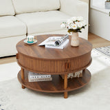 XUZENEST 31.5” Round Coffee Table with Storage, Mid Century Modern 2 Tier Coffee Table with Tambour Sliding Door, Solid Wood Legs Fluted Center Table for Living Room Home Office Small Space, Walnut XUZENEST