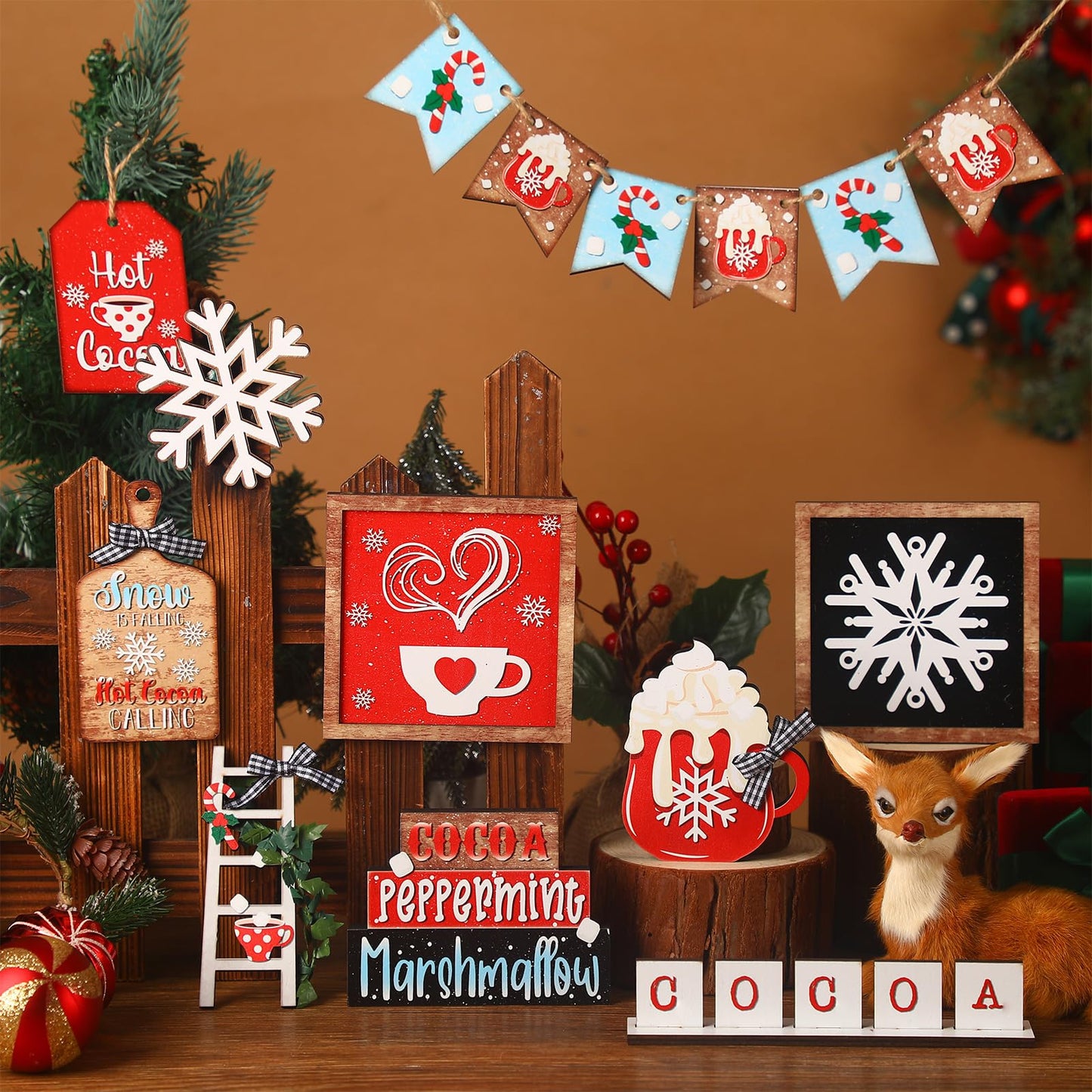 FairySandy 14 Pcs Christmas Tiered Tray Decor Set Christmas Wooden Sign Decor Rustic Farmhouse Snowfake Coffee Spice Blocks Winter Table Sign for Christmas Halloween