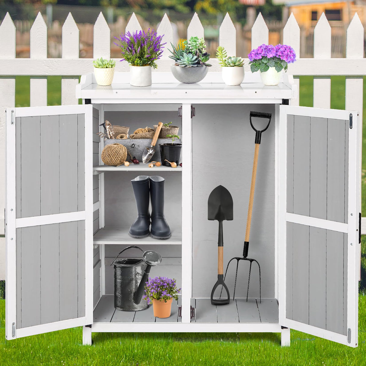 Outdoor Potting Bench with Metal Work Top,Waterproof Garden Storage Cabinet, Wooden Garden Work Bench with Adjustablev Shelves & Double Doors for Backyard, Patio, Lawn Gardening,White Grey PeacefulHues