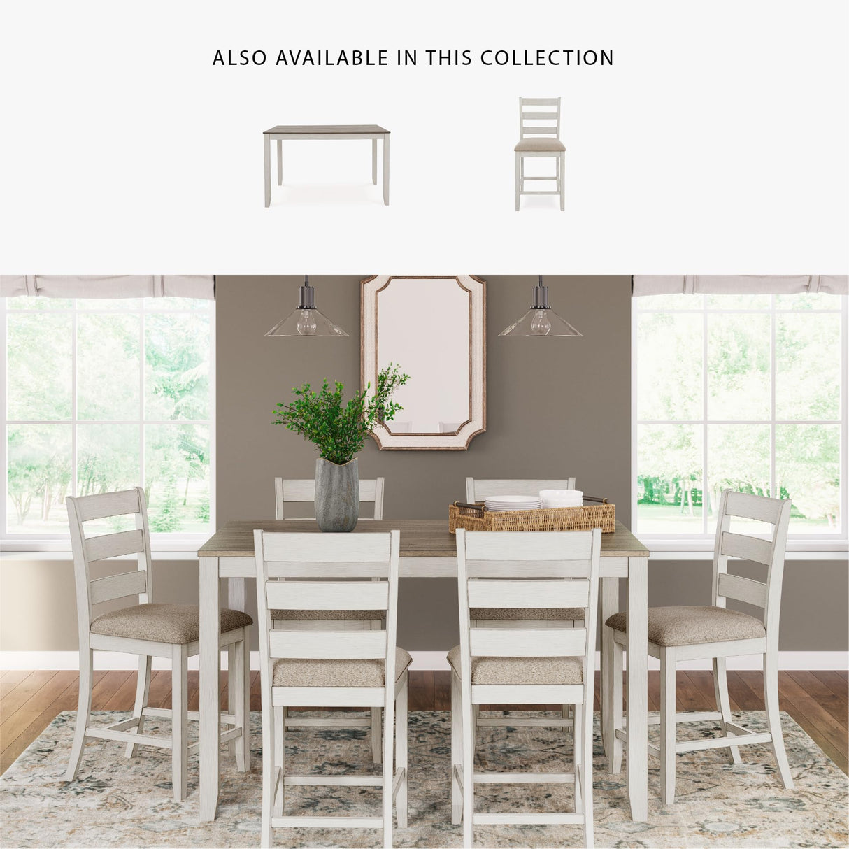 Signature Design by Ashley Skempton Modern Farmhouse Counter Height Dining Table and Upholstered Bar Stools, Set of 7, White & Light Brown Signature Design by Ashley