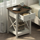 Treocho Farmhouse End Table Set of 2,Nightstand with Charging Station, X-Design Side Table with 2 AC and USB Power Outlets, Small Night Stand with Storage Drawer and Open Shelf for Living Room Treocho