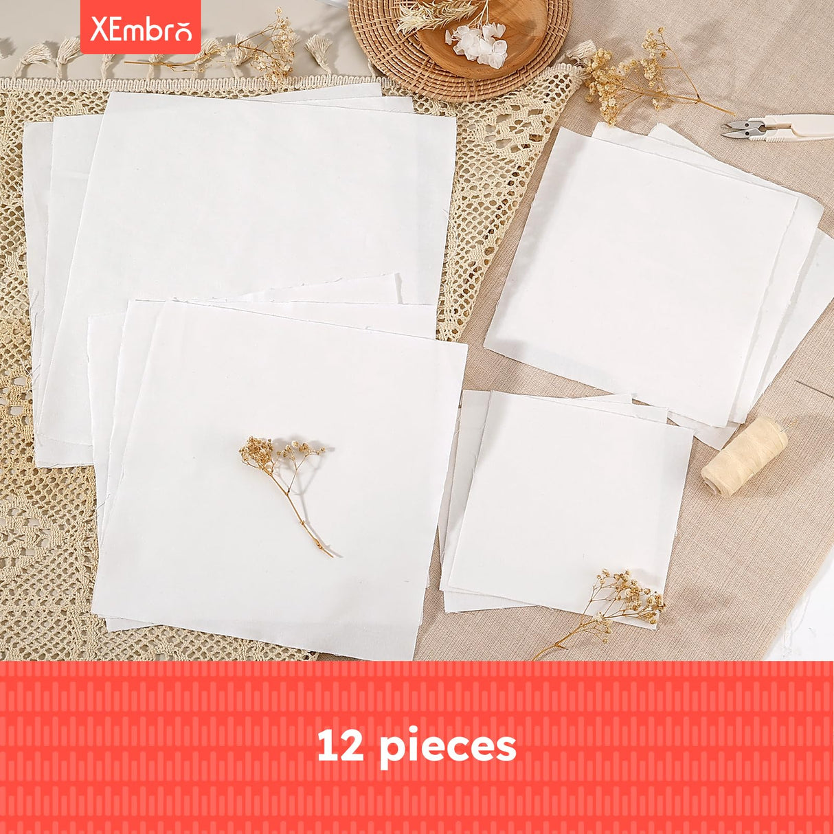 XEmbro 12 PCS White Embroidery Fabric, Pre-Cut Natural Cotton Embroidery Cloth Fabric, 4 Sizes Embroidery Cloth Squares for Embroidery Garment Craft (5.9 to 11.8inch) XEmbro