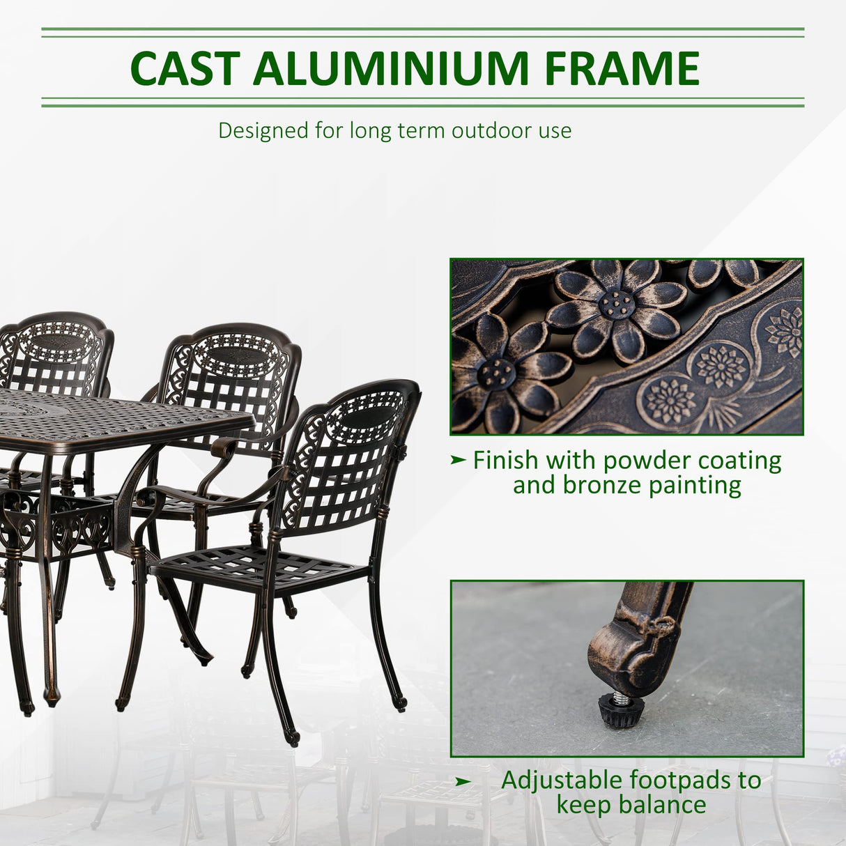 Outsunny 7-Piece Patio Dining Set, Cast Aluminum Outdoor Furniture Set with 6 Armchairs, 1 Table and Umbrella Hole, Bronze Outsunny