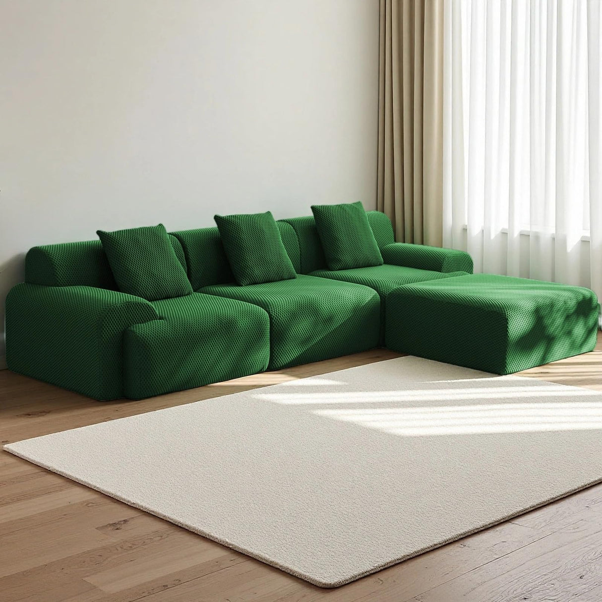 Rlzcvt 113" Modular Sectional Sofa,Modern L Shaped Cloud Sectional Couch with Movable Ottoman,Comfy Foam Boneless Couches for Living Room, 4 Seater Convertible Sofa,No Assembly Required,Green Rlzcvt