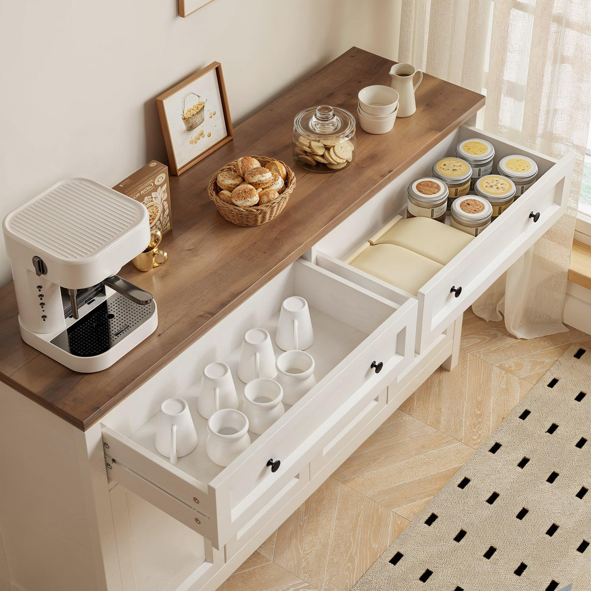 Gizoon Farmhouse Kitchen Sideboard Buffet Cabinet with Storage, Wood Coffee Bar and Storage Sideboard with Drawers and Doors for Kitchen, Dining Room, 15.7" D x 55.1" W x 35.3" H, White/Rustic Brown Gizoon