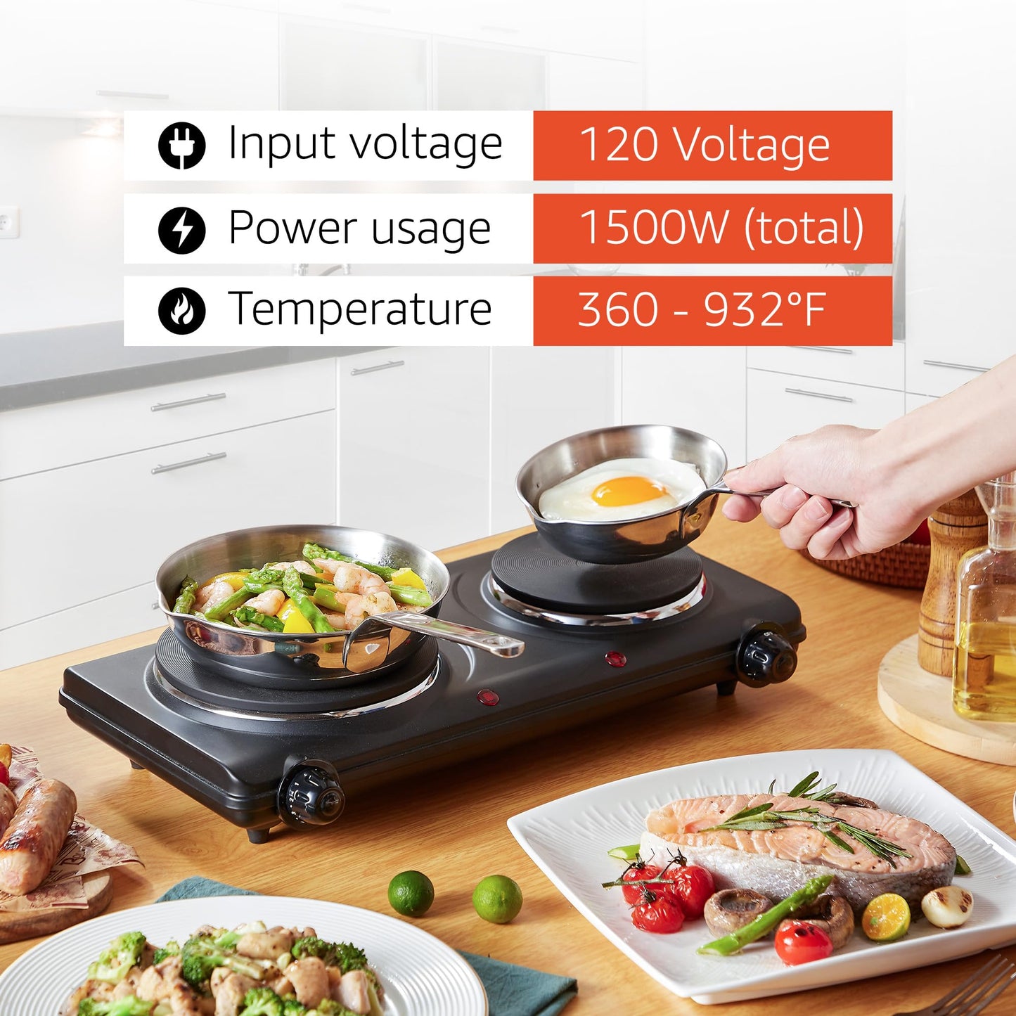 Elite Gourmet EDB-302BF# Countertop Double Cast Iron Burner, 1500 Watts Electric Hot Plate, Temperature Controls, Power Indicator Lights, Easy to Clean, Black