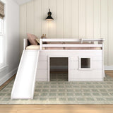 Max & Lily Loft Bed Twin Size, Solid Wood Low Loft Bed with Slide and Ladder, Modern Farmhouse Loft Bed for Kids, White Wash Max & Lily