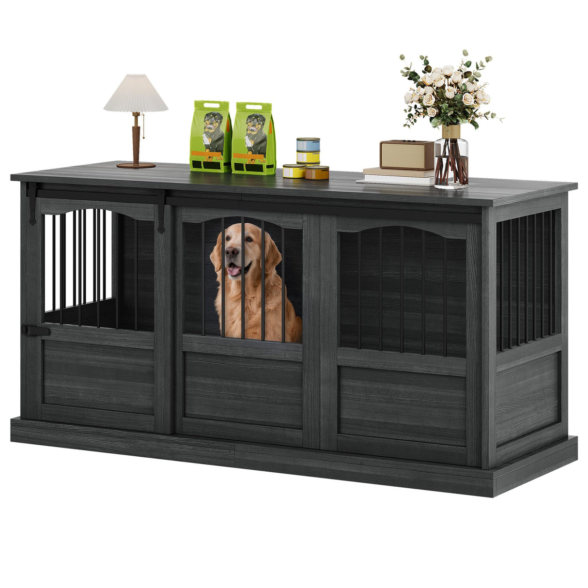 Homiflex 53.54 Inch Wooden Dog Crate Furniture Heavy Duty Dog Kennel Furniture with Sliding Doors for Large Breed Decorative Solid Wood Dog Cage End Table for Indoor, Dark Grey Homiflex