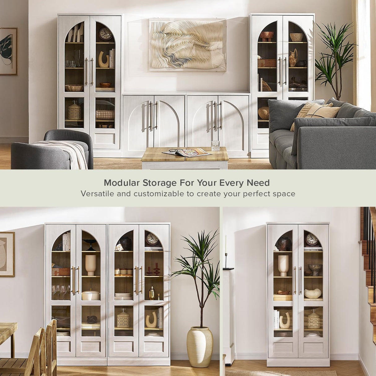 mopio Blake Tall Display Cabinet, Kitchen Buffet Pantry Cupboard, Trophy Display Case, Storage Cabinet Scratch Resistant Acrylic, Modern Farmhouse Curio Organizer (White Oak Arched, Single) mopio