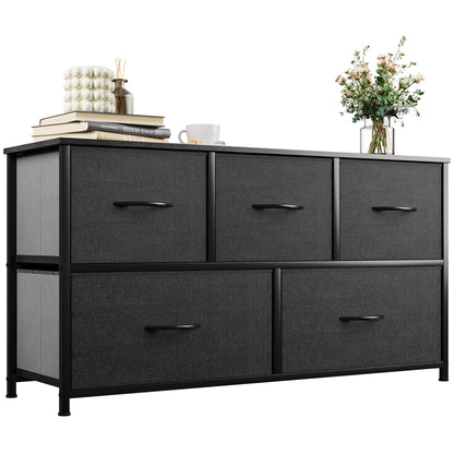 YITAHOME Wide Storage Tower with 5 Drawers - Fabric Dresser, Organizer Unit for Bedroom, Living Room, Closets - Sturdy Steel Frame, Easy Pull Fabric Bins & Wooden Top (Black/Grey) - WoodArtSupply