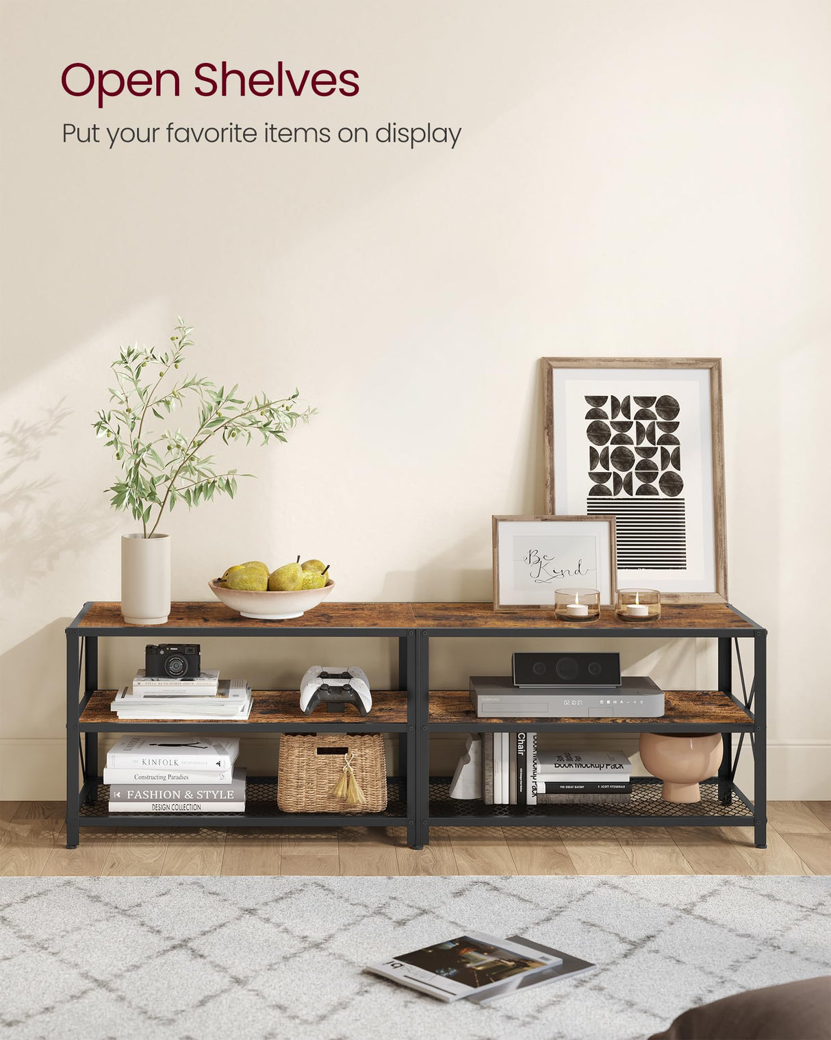 VASAGLE TV Stand, TV Console for TVs Up to 70 Inches, TV Table, 63 Inches Width, TV Cabinet with Storage Shelves, Steel Frame, for Living Room, Bedroom, Rustic Brown and Black ULTV095B01 VASAGLE