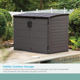 Suncast 70 Cu Ft Stow-Away Horizontal Outdoor Shed - Small Outdoor Storage Shed, Lockable & Weatherproof Resin Plastic, Fits Two 96-Gallon Trash Cans, Bikes, Lawn Mowers, or Garden Tools, Peppercorn Suncast